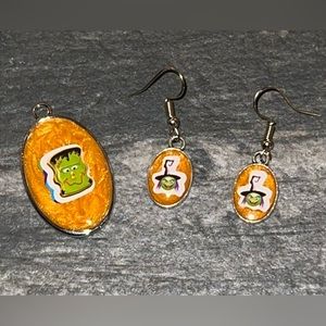 Lisa Frank Inspired Necklace Pendant & Earrings Orange Set Handmade Halloween